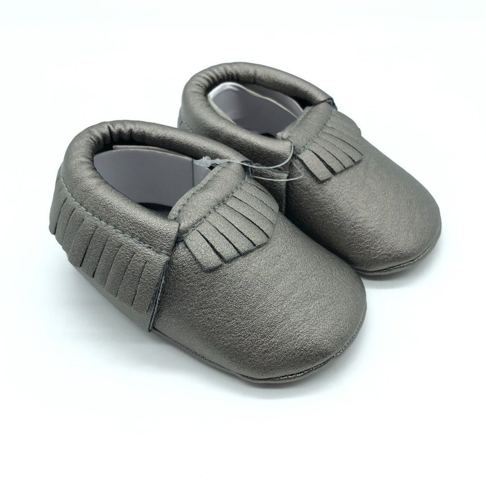 Romirus Baby Girls Mocassin Slippers Faux Leather Fringe Gray Size 2